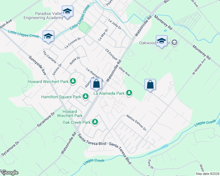 map of restaurants, bars, coffee shops, grocery stores, and more near 15175 La Alameda Drive in Morgan Hill