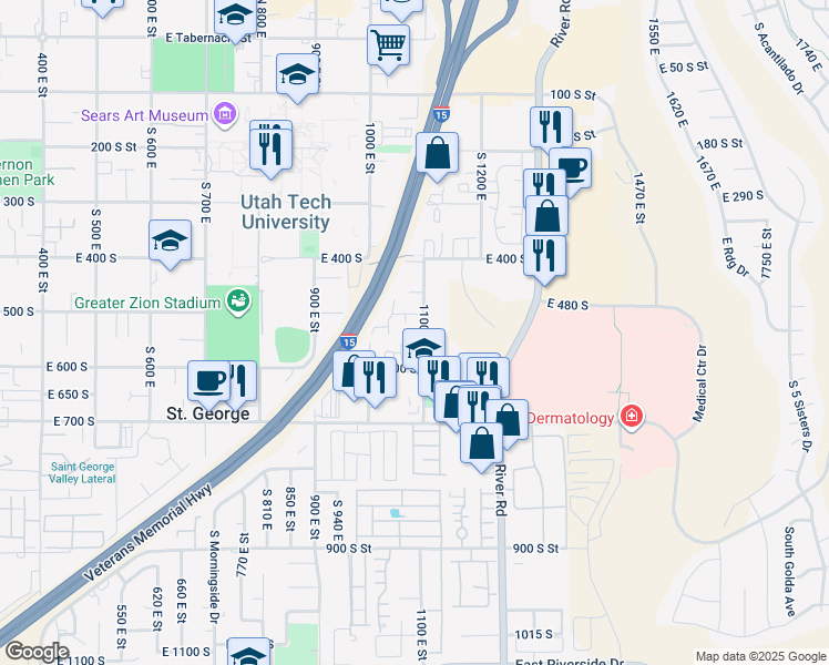 map of restaurants, bars, coffee shops, grocery stores, and more near 538 South 1100 East in St. George