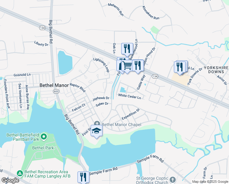 map of restaurants, bars, coffee shops, grocery stores, and more near 115 Buttonwood Lane in Yorktown