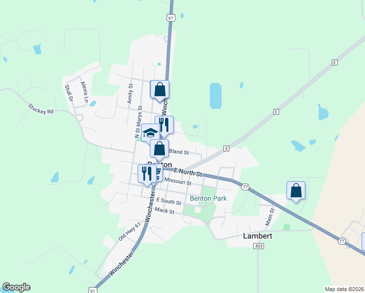 map of restaurants, bars, coffee shops, grocery stores, and more near 132 East Bland Street in Benton