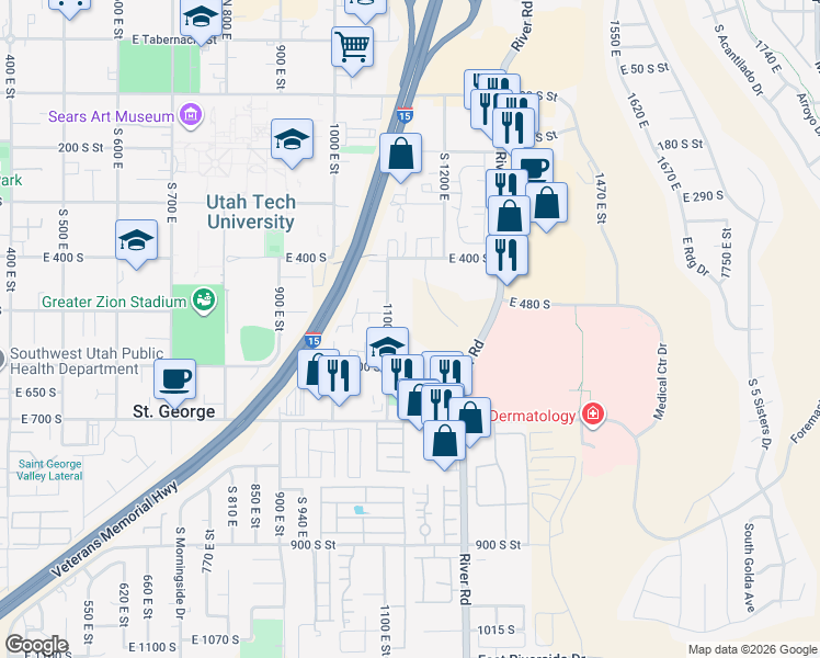 map of restaurants, bars, coffee shops, grocery stores, and more near 525 South 1100 East in St. George