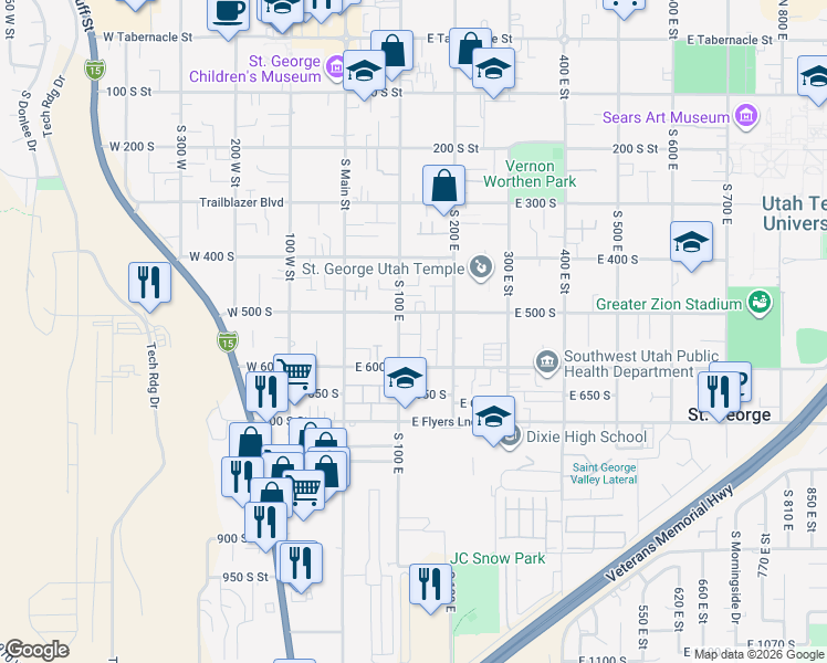 map of restaurants, bars, coffee shops, grocery stores, and more near 156 East 500 South in St. George
