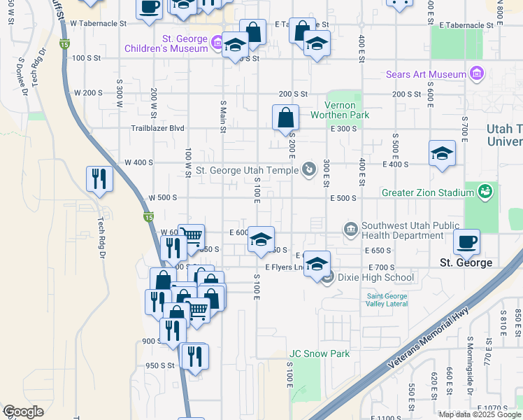 map of restaurants, bars, coffee shops, grocery stores, and more near 94 East 500 South in St. George