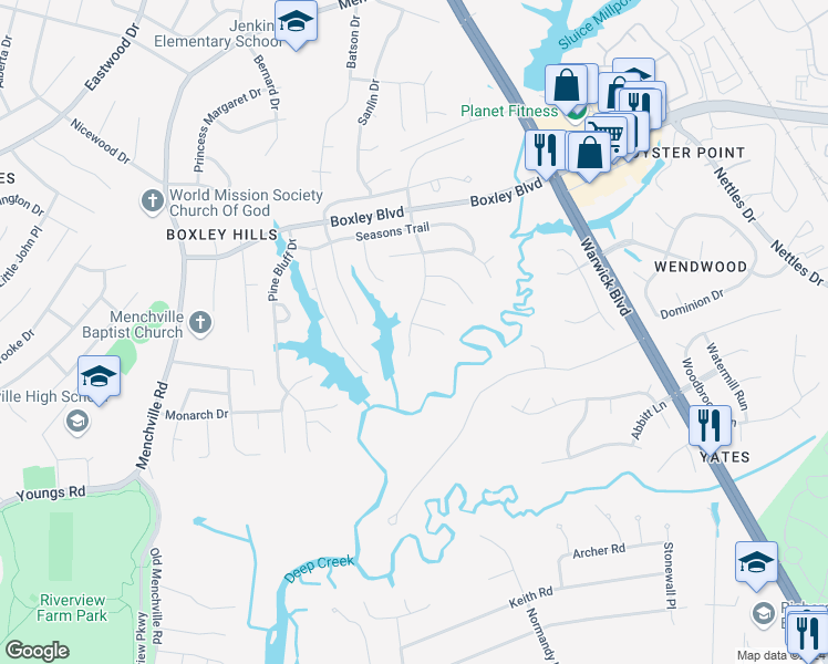 map of restaurants, bars, coffee shops, grocery stores, and more near 234 Cranbrook Court in Newport News
