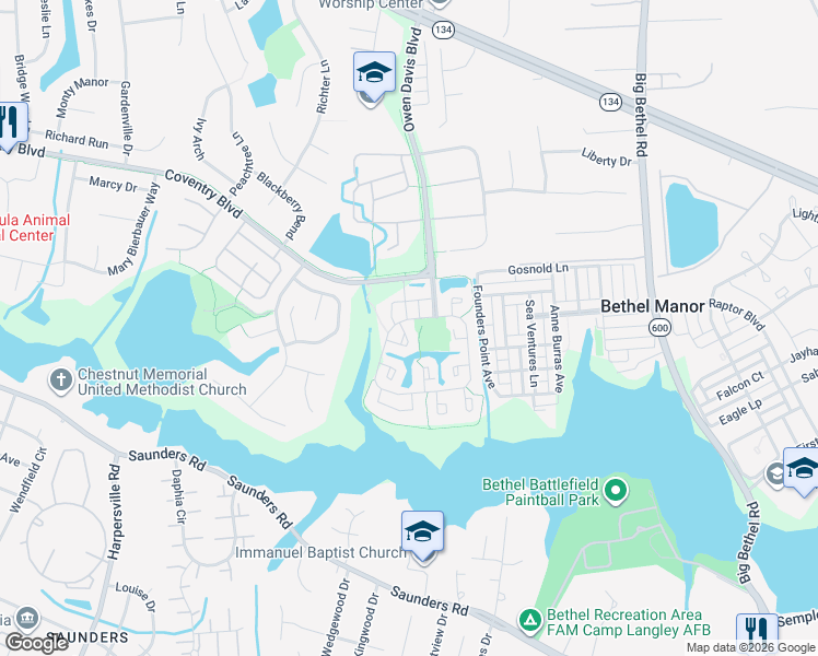 map of restaurants, bars, coffee shops, grocery stores, and more near 101 Andover Court in Yorktown
