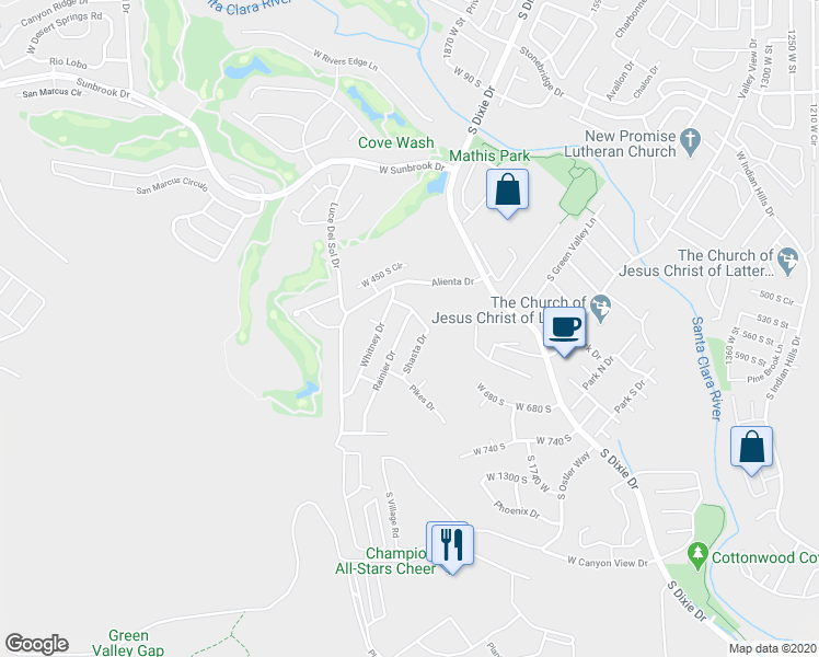 map of restaurants, bars, coffee shops, grocery stores, and more near 531 Rainier Drive in Saint George
