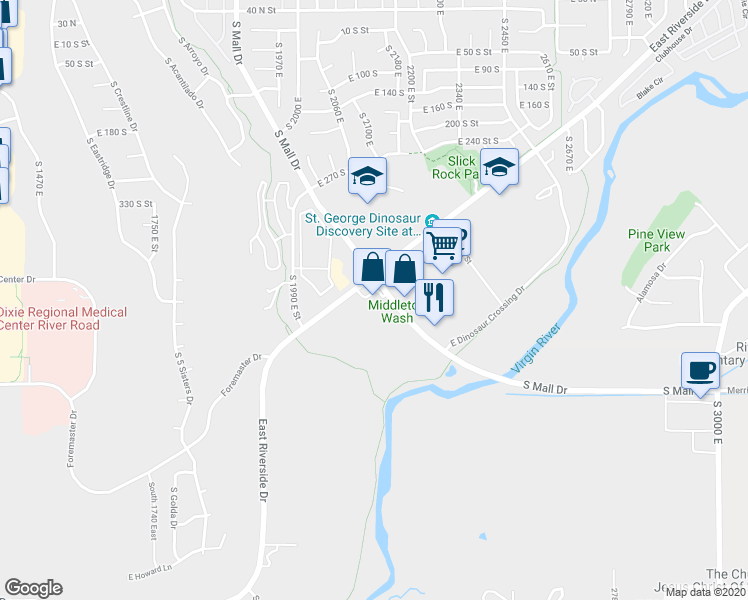 map of restaurants, bars, coffee shops, grocery stores, and more near 2078 East Riverside Drive in Saint George