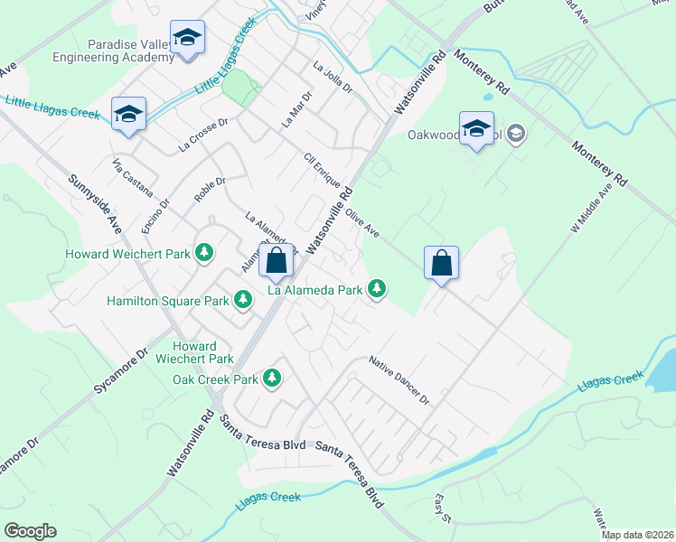 map of restaurants, bars, coffee shops, grocery stores, and more near 15140 La Alameda Drive in Morgan Hill