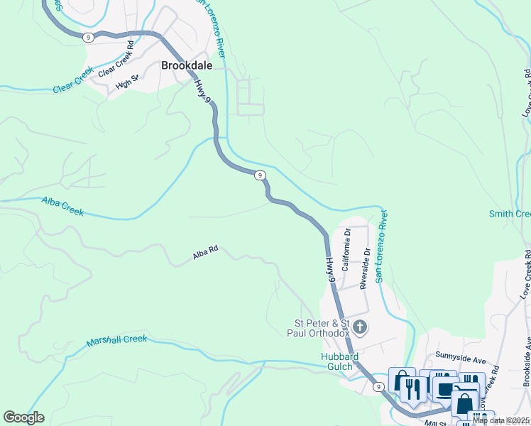 map of restaurants, bars, coffee shops, grocery stores, and more near 10750 Highway 9 in Ben Lomond
