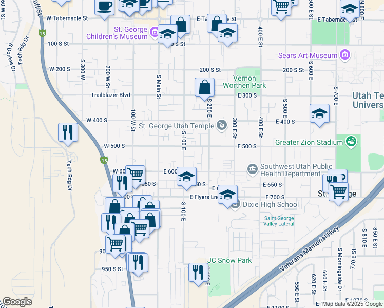 map of restaurants, bars, coffee shops, grocery stores, and more near 142 East 500 South in St. George