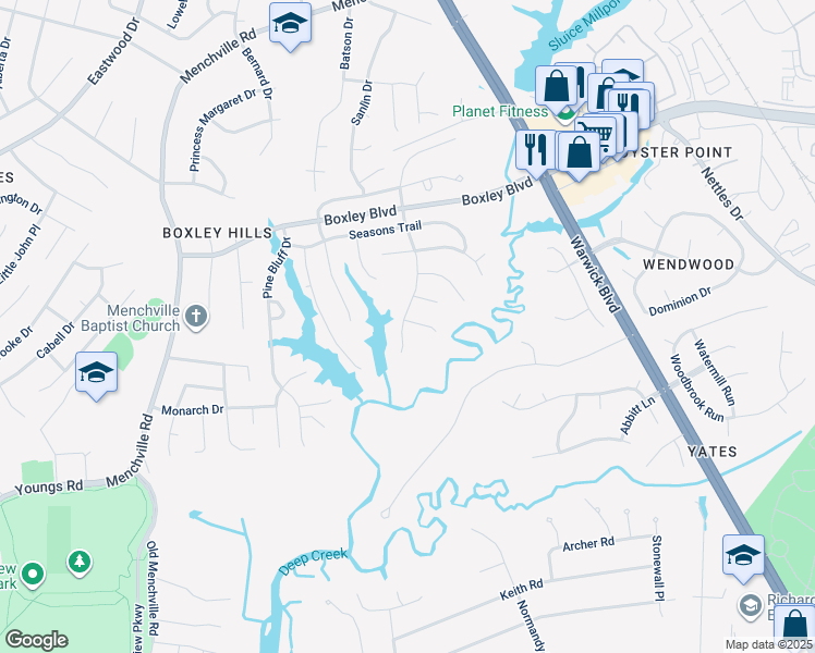 map of restaurants, bars, coffee shops, grocery stores, and more near 234 Cranbrook Court in Newport News