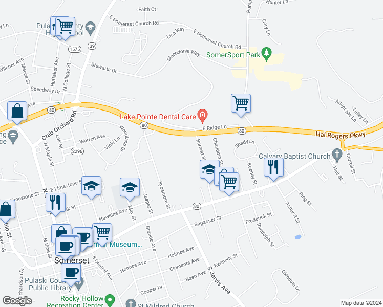 map of restaurants, bars, coffee shops, grocery stores, and more near 210 Barnett Street in Somerset