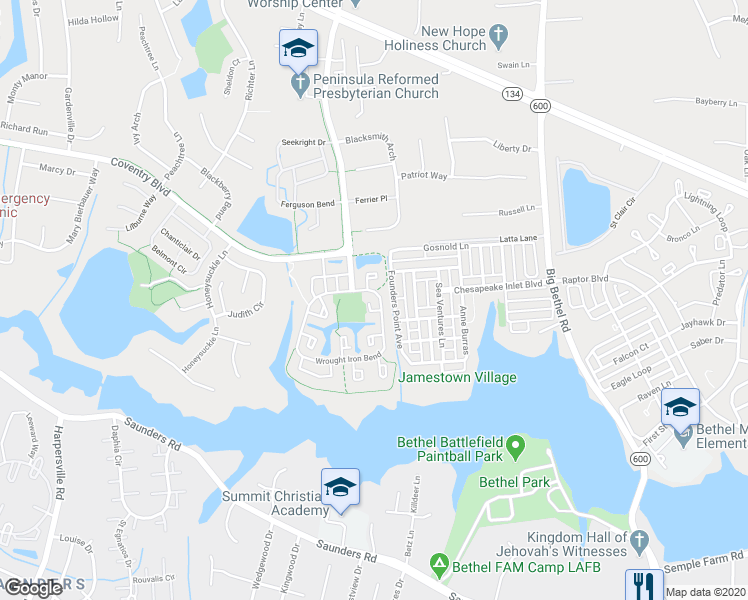 map of restaurants, bars, coffee shops, grocery stores, and more near 116 Foundry Court in Yorktown