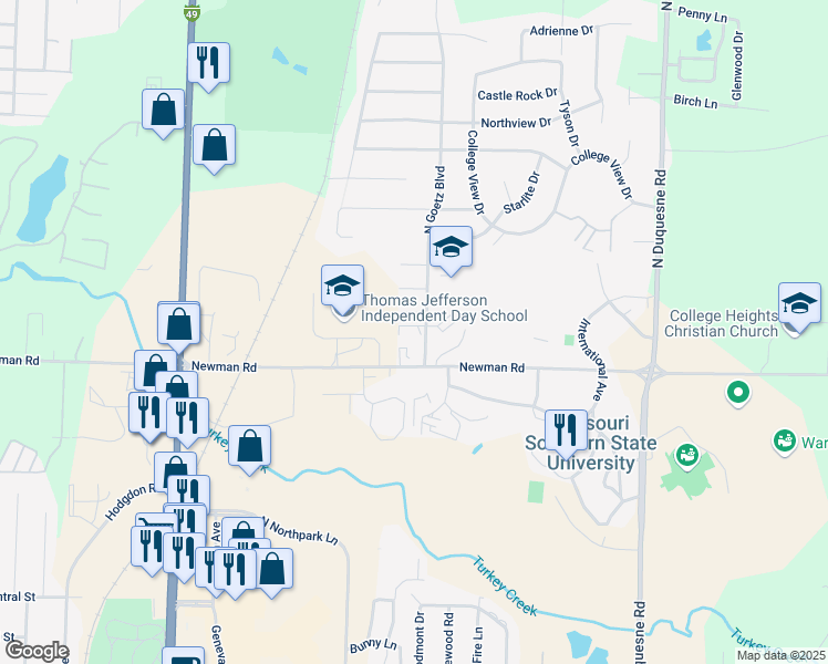 map of restaurants, bars, coffee shops, grocery stores, and more near 930 North Goetz Boulevard in Joplin