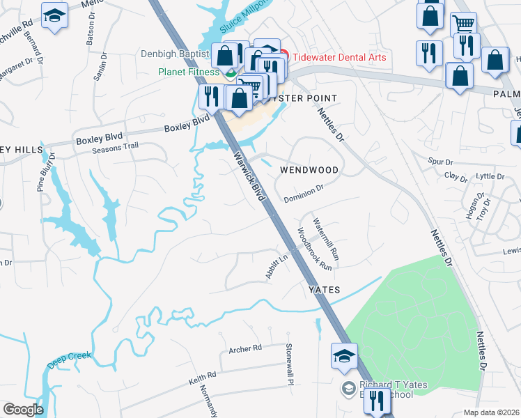 map of restaurants, bars, coffee shops, grocery stores, and more near 12902 Fitzhugh Drive in Newport News