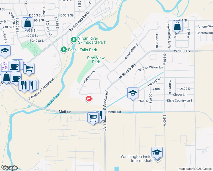 map of restaurants, bars, coffee shops, grocery stores, and more near 2309 Colina Vista Drive in Washington