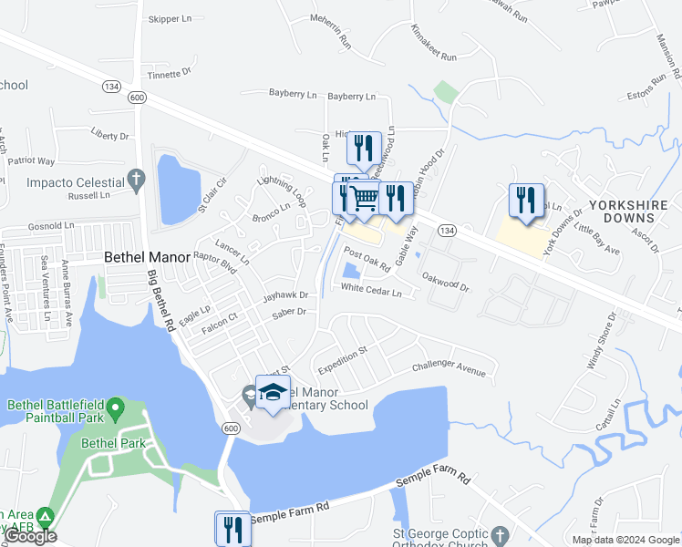 map of restaurants, bars, coffee shops, grocery stores, and more near 120 Buttonwood Lane in Yorktown