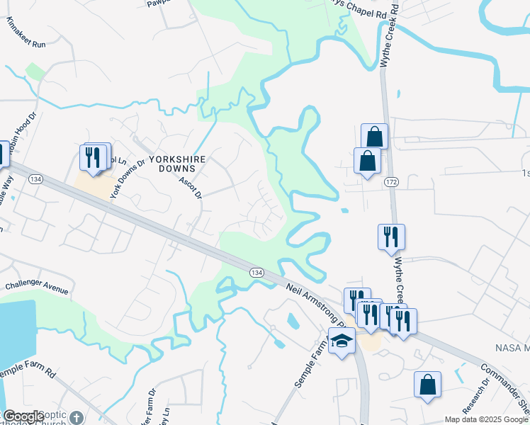 map of restaurants, bars, coffee shops, grocery stores, and more near 409 Tabb Smith Trail in Yorktown