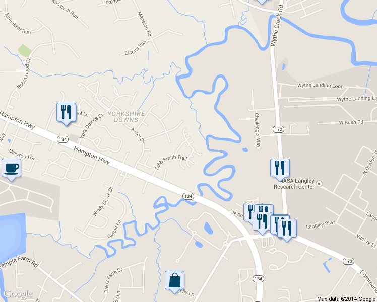 map of restaurants, bars, coffee shops, grocery stores, and more near 409 Tabb Smith Trail in Yorktown