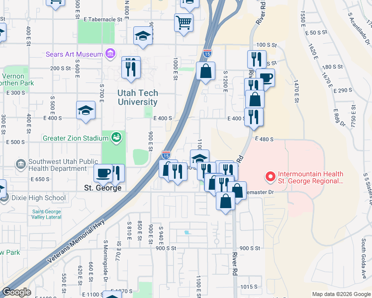 map of restaurants, bars, coffee shops, grocery stores, and more near 1050 East 500 South in St. George