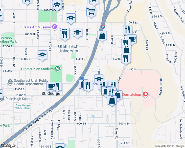 map of restaurants, bars, coffee shops, grocery stores, and more near 1050 East 500 South in St. George