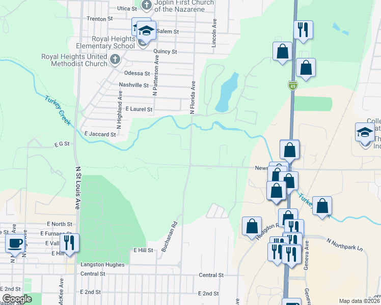map of restaurants, bars, coffee shops, grocery stores, and more near 901-1199 North Florida Avenue in Joplin