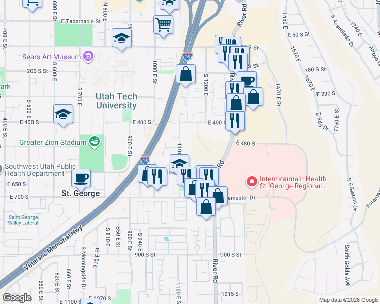 map of restaurants, bars, coffee shops, grocery stores, and more near 525 South 1100 East in St. George