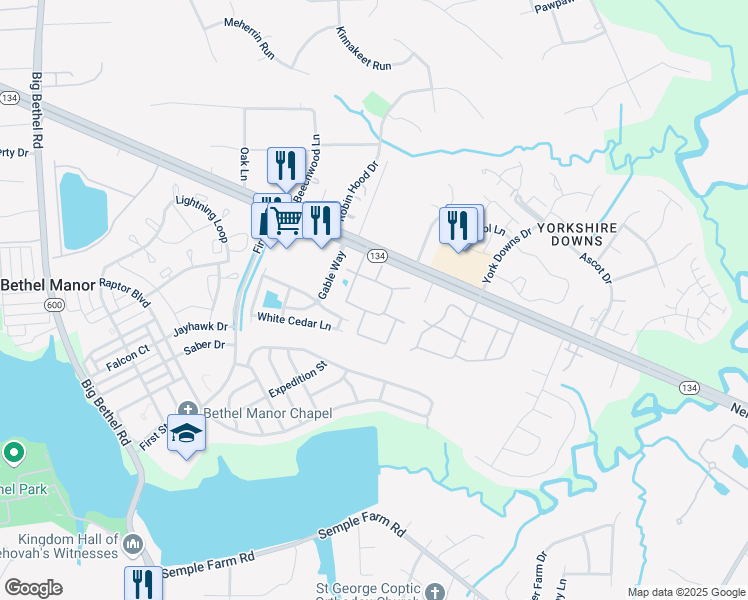 map of restaurants, bars, coffee shops, grocery stores, and more near 30 Willowood Drive in Yorktown