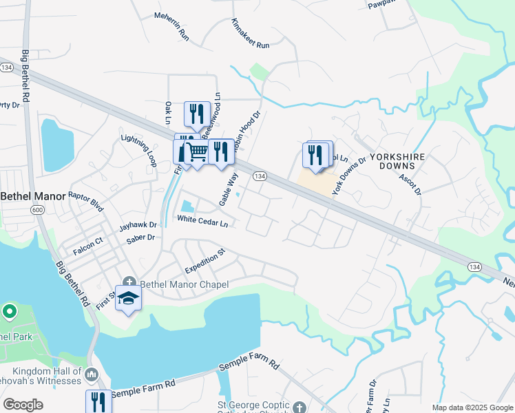 map of restaurants, bars, coffee shops, grocery stores, and more near 3100 Hampton Highway in Yorktown