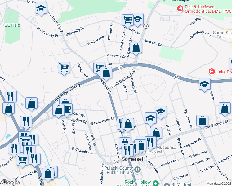 map of restaurants, bars, coffee shops, grocery stores, and more near 301-345 N Maple St in Somerset