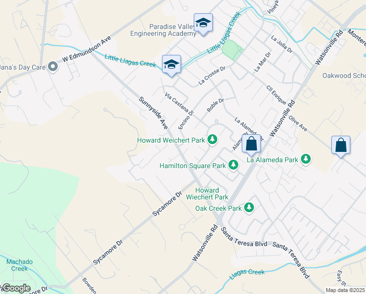 map of restaurants, bars, coffee shops, grocery stores, and more near 890 Encino Drive in Morgan Hill
