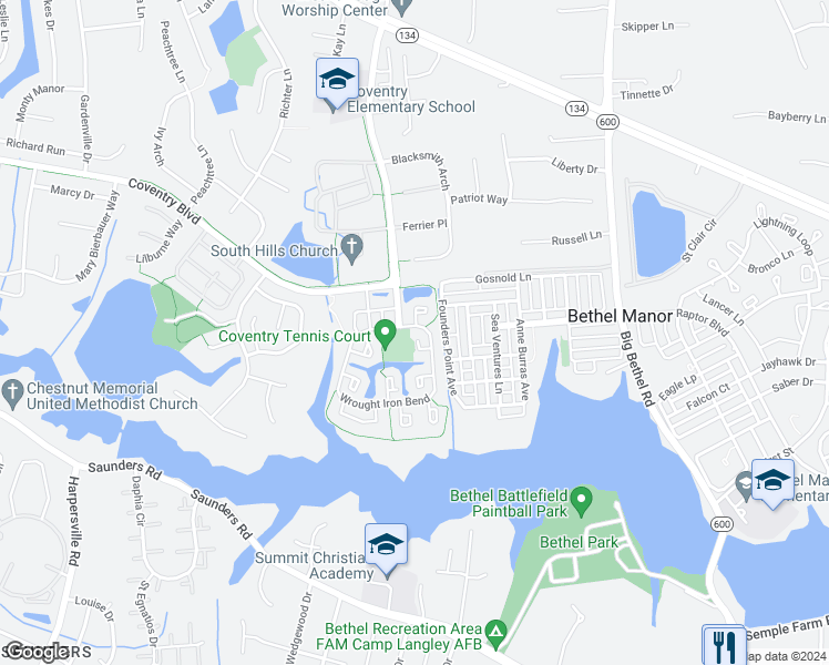 map of restaurants, bars, coffee shops, grocery stores, and more near 118 Foundry Court in Yorktown