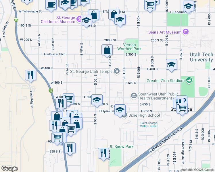map of restaurants, bars, coffee shops, grocery stores, and more near 524 South 200 East in St. George