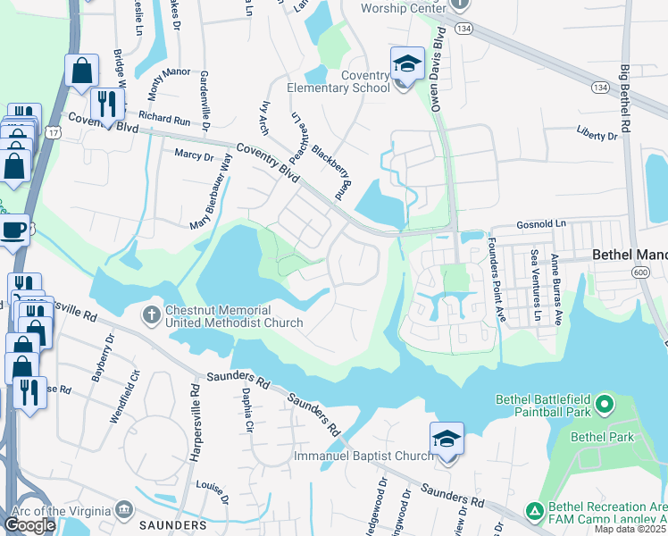 map of restaurants, bars, coffee shops, grocery stores, and more near 107 Kathleen Place in Yorktown