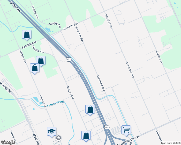 map of restaurants, bars, coffee shops, grocery stores, and more near 14105 Sycamore Avenue in San Martin