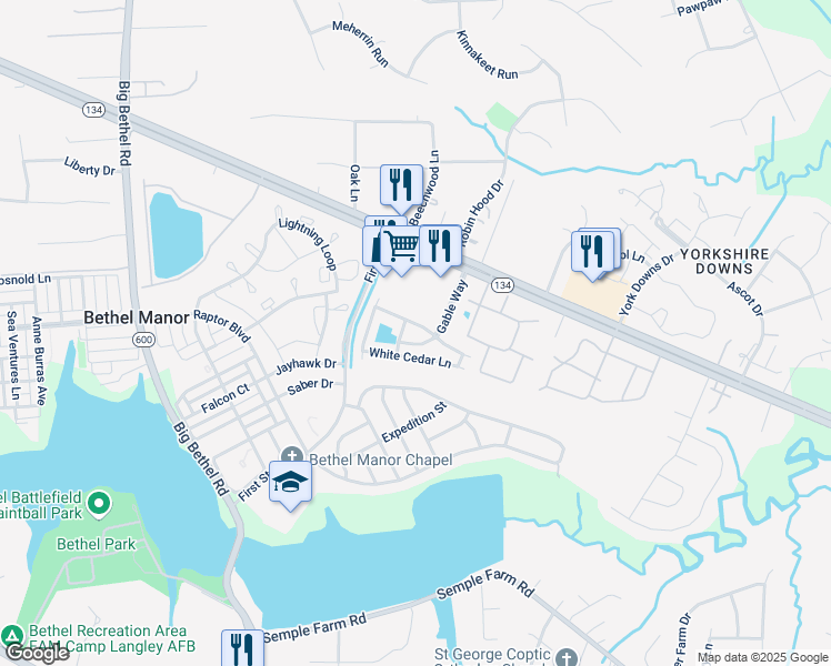 map of restaurants, bars, coffee shops, grocery stores, and more near 107 Post Oak Road in Yorktown