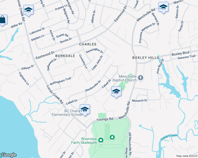 map of restaurants, bars, coffee shops, grocery stores, and more near 162 Robinhood Lane in Newport News