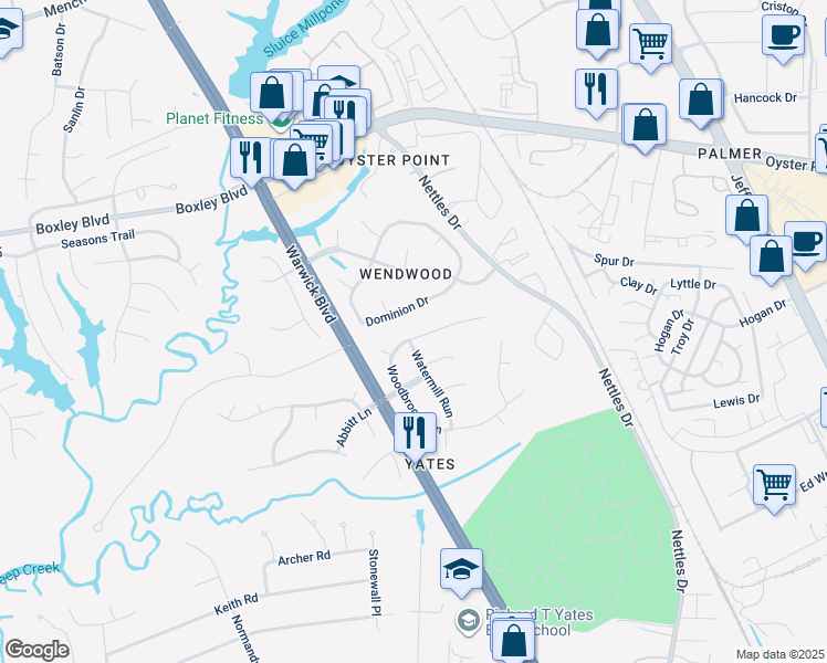 map of restaurants, bars, coffee shops, grocery stores, and more near 315 Woodbrook Run in Newport News