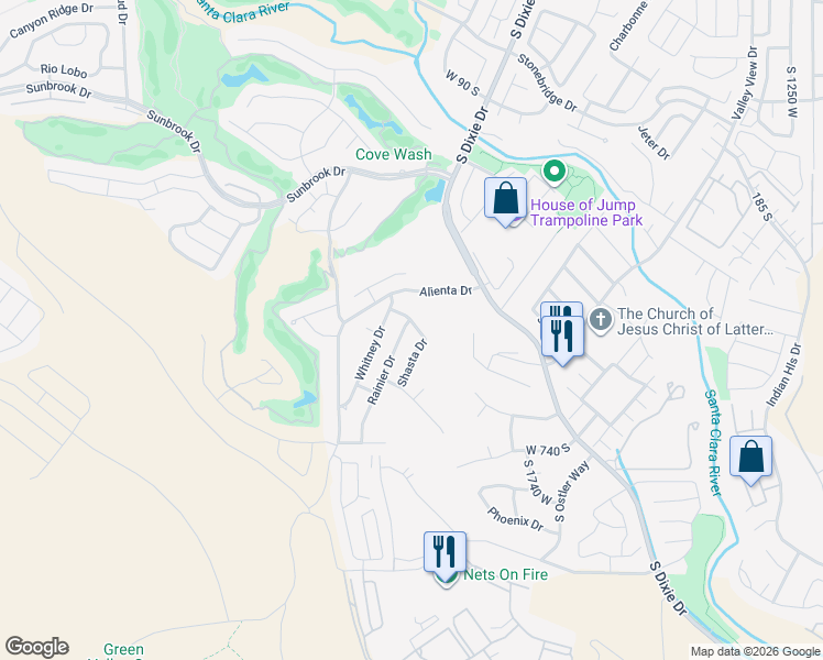 map of restaurants, bars, coffee shops, grocery stores, and more near 1949 Everest Drive in St. George