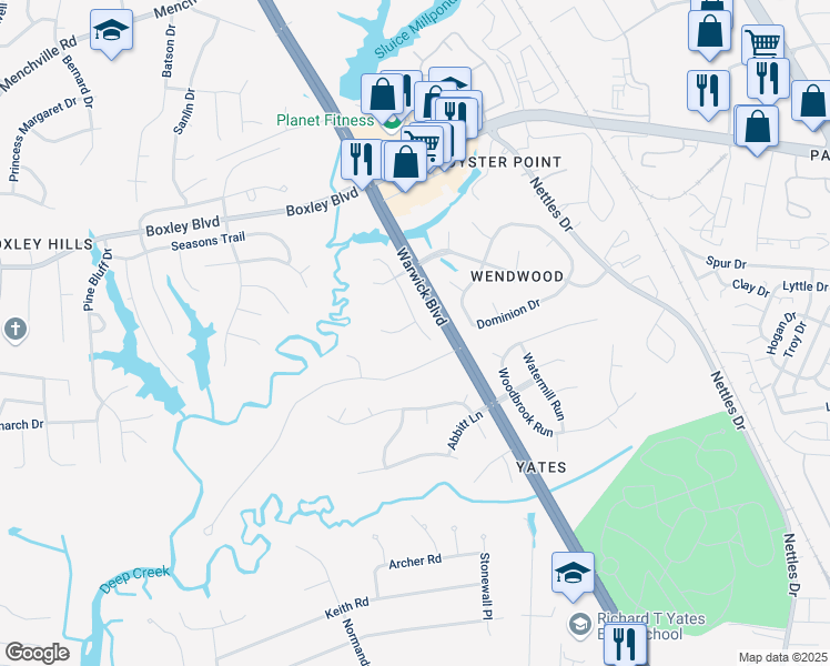 map of restaurants, bars, coffee shops, grocery stores, and more near 12907 Fitzhugh Drive in Newport News