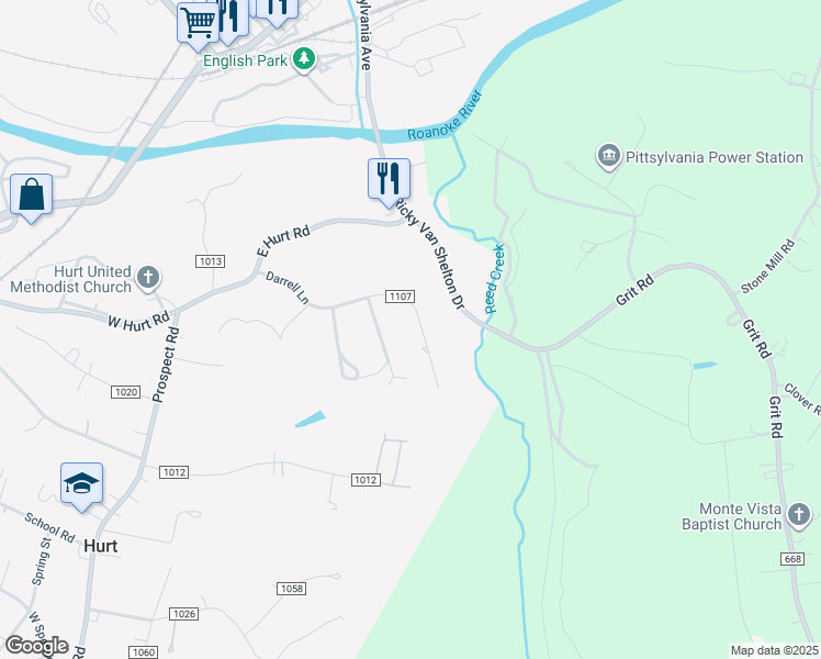 map of restaurants, bars, coffee shops, grocery stores, and more near 501-599 County Road 1107 in Hurt