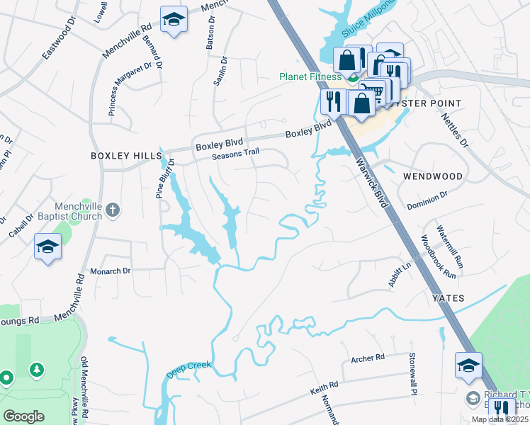 map of restaurants, bars, coffee shops, grocery stores, and more near 243 Cranbrook Ct in Newport News