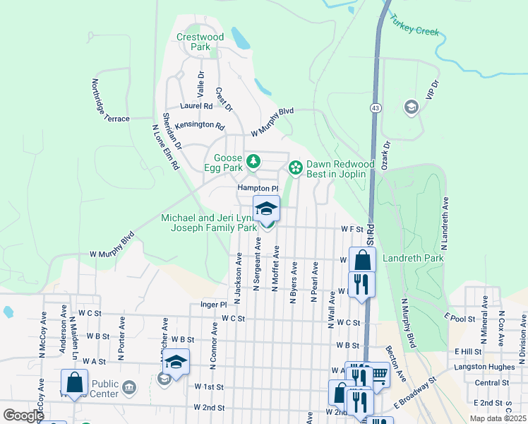 map of restaurants, bars, coffee shops, grocery stores, and more near 721 North Sergeant Avenue in Joplin