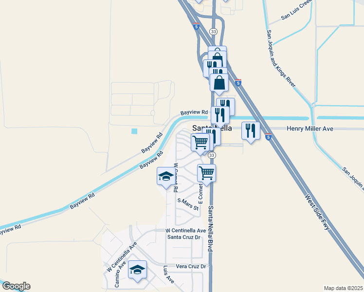 map of restaurants, bars, coffee shops, grocery stores, and more near 275 North Mercury Street in Santa Nella