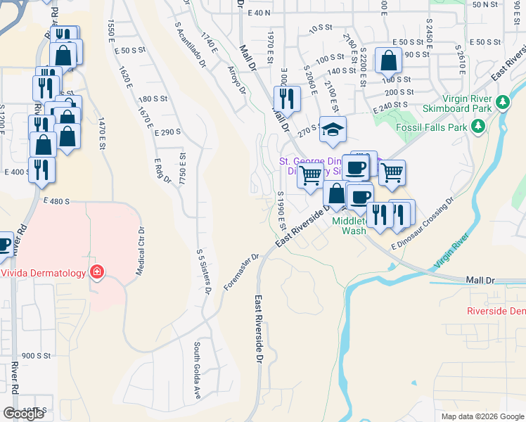 map of restaurants, bars, coffee shops, grocery stores, and more near 514 South 1990 East Street in St. George