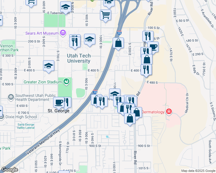 map of restaurants, bars, coffee shops, grocery stores, and more near 1086 East 500 South in St. George