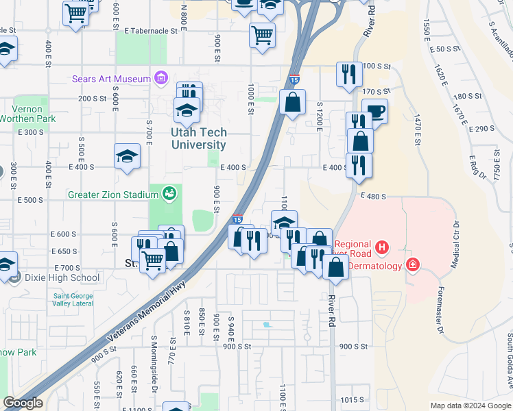 map of restaurants, bars, coffee shops, grocery stores, and more near 1033 East 500 South in St. George