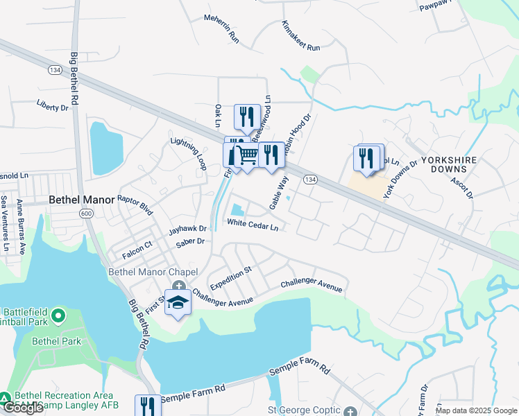 map of restaurants, bars, coffee shops, grocery stores, and more near 101 Post Oak Road in Yorktown