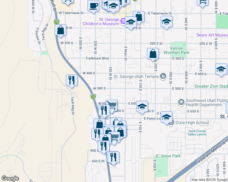 map of restaurants, bars, coffee shops, grocery stores, and more near 79 West 500 South in St. George