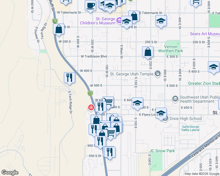 map of restaurants, bars, coffee shops, grocery stores, and more near 55 West 500 South in St. George